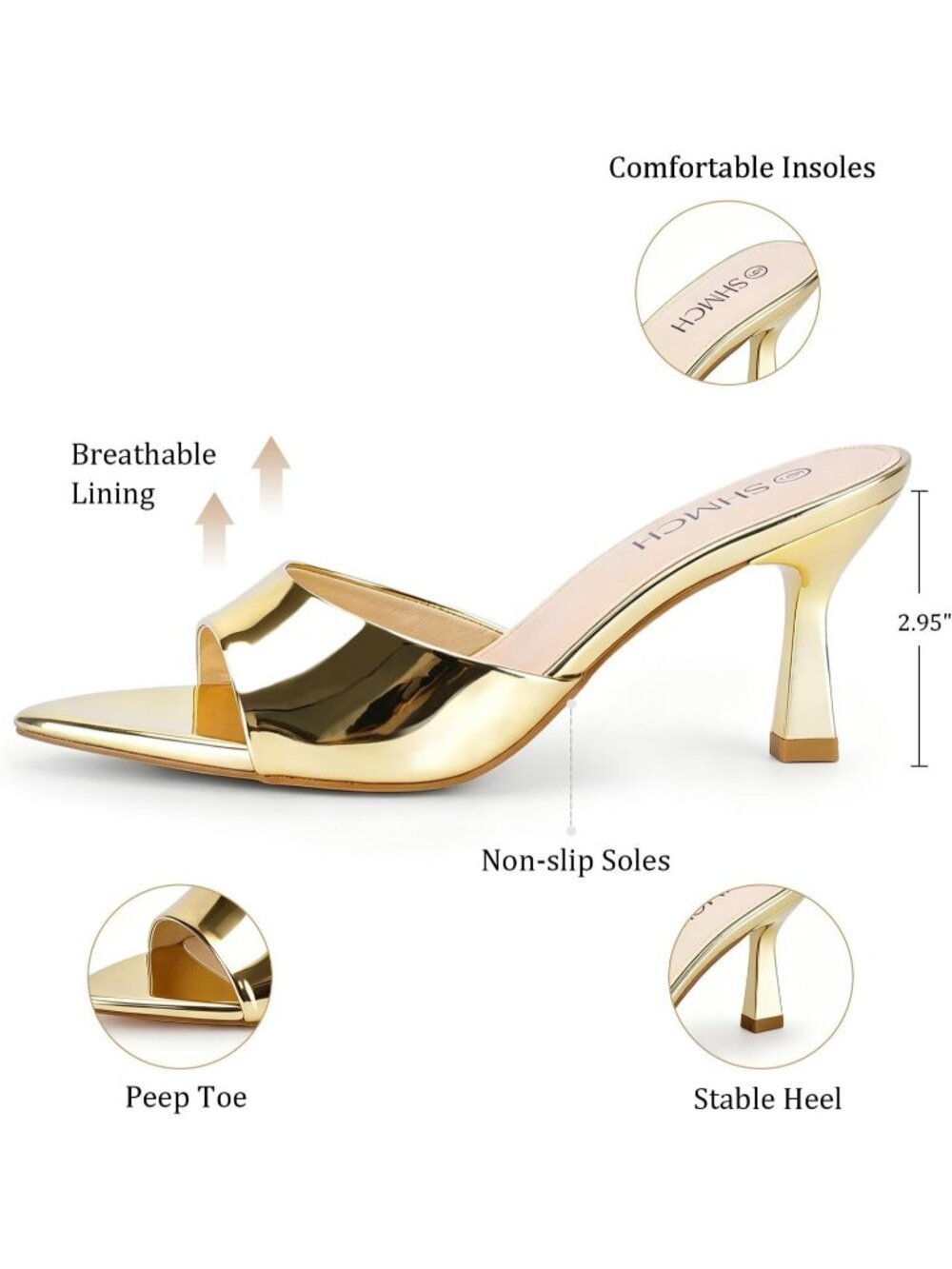 Women’s Gold Comfortable Pointed Toe Slip On  Stylish Kitten Heeled Sandals - Picture 4 of 5